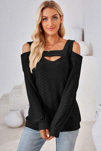 Cutout Square Neck Cold Shoulder T-Shirt Black Women's T-Shirts - Tophatter Daily Deals