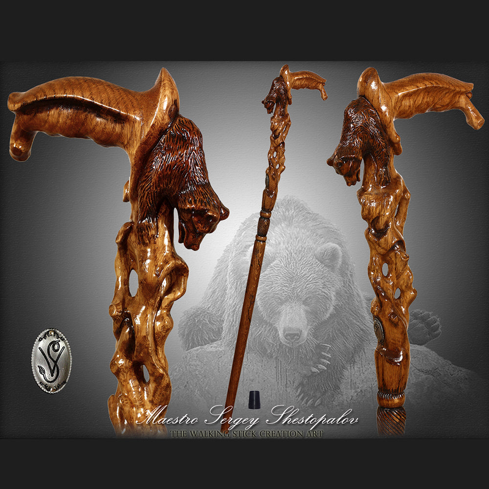 Awakening Bear (dark) Artisan Intricate Handcarved Cane Hand Carved Artisan - Tophatter Daily Deals