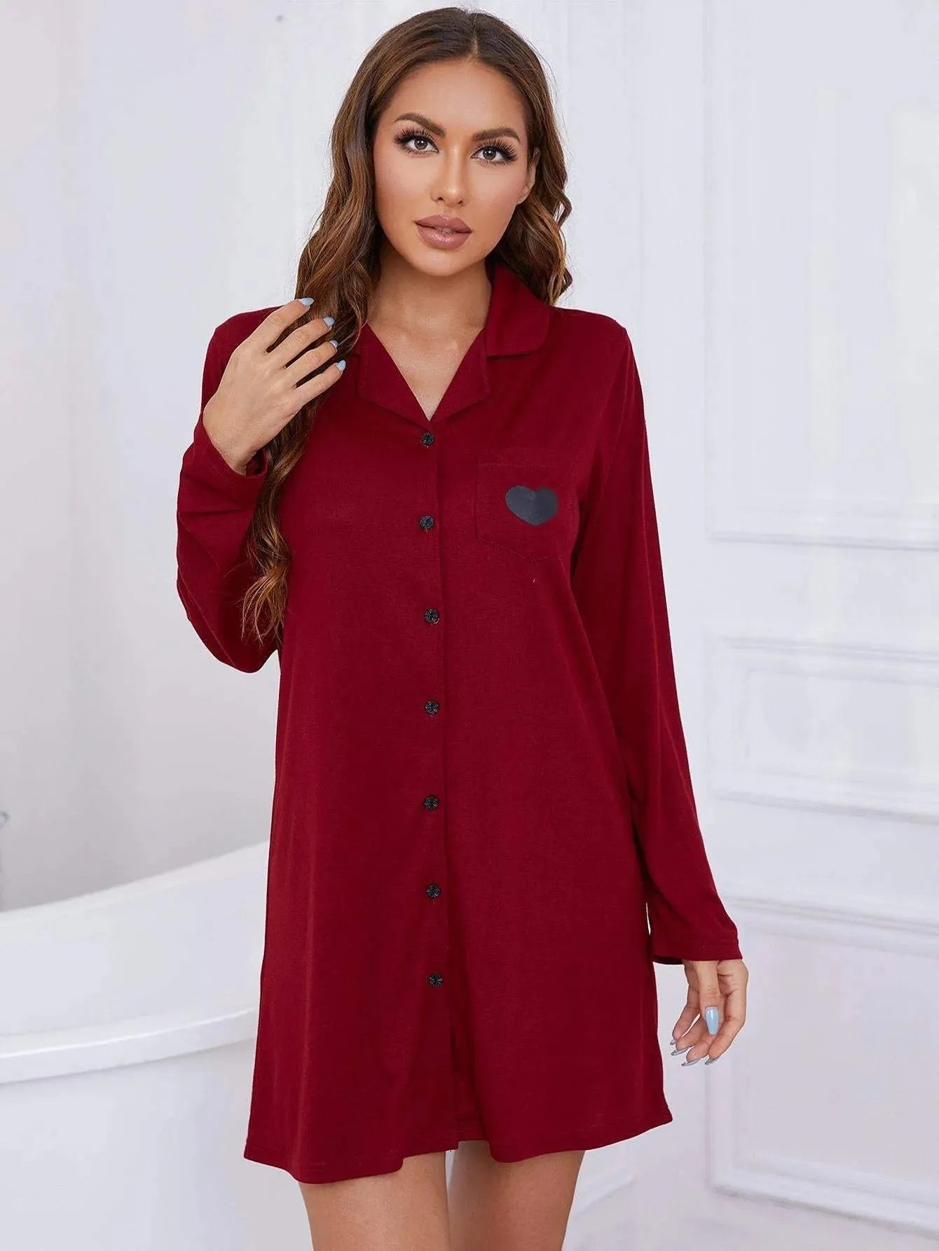 Heart Graphic Lapel Collar Long Sleeve Night Dress Sleep Dresses - Tophatter Daily Deals