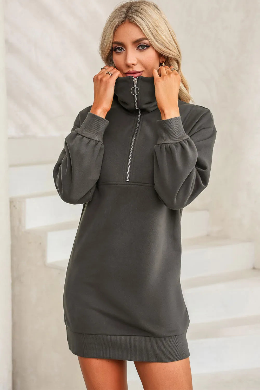 Half Zip Dropped Shoulder Mini Sweatshirt Dress Casual Dresses - Tophatter Daily Deals