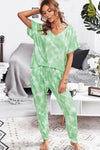 Tie-Dye V-Neck Tee and Joggers Lounge Set Green Loungewear Sets - Tophatter Daily Deals