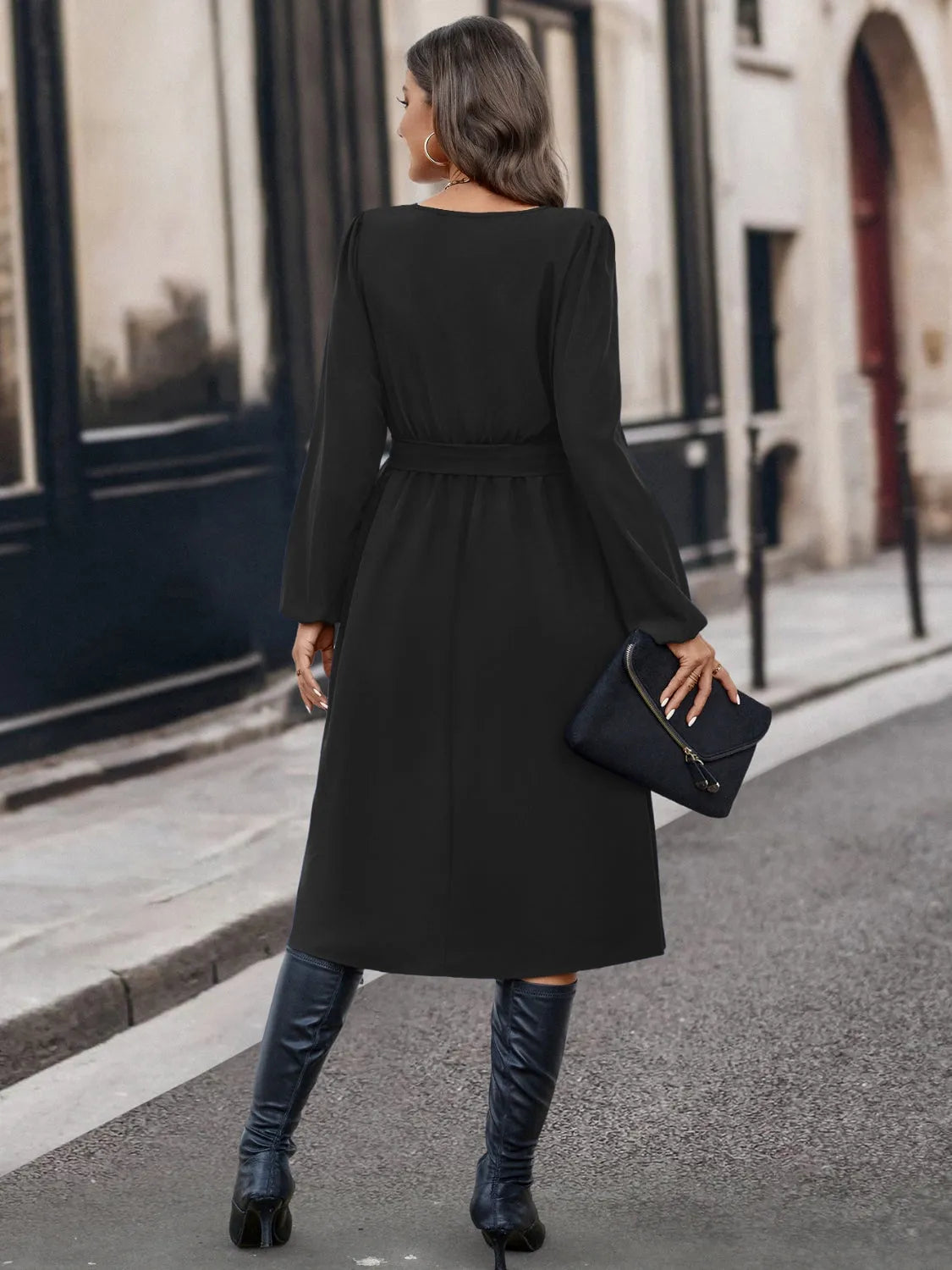 Buttoned Tie Front Long Sleeve Asymmetrical Neck Dress Casual Dresses - Tophatter Daily Deals