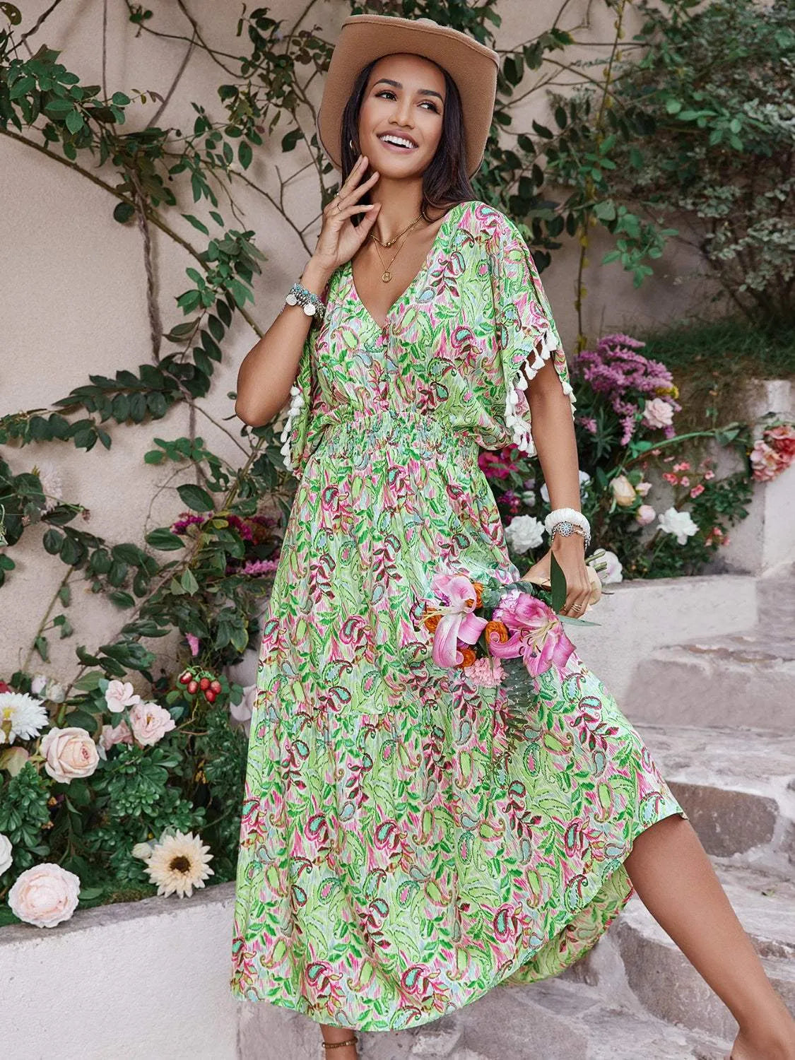 Smocked Floral V-Neck Short Sleeve Dress Casual Dresses - Tophatter Daily Deals