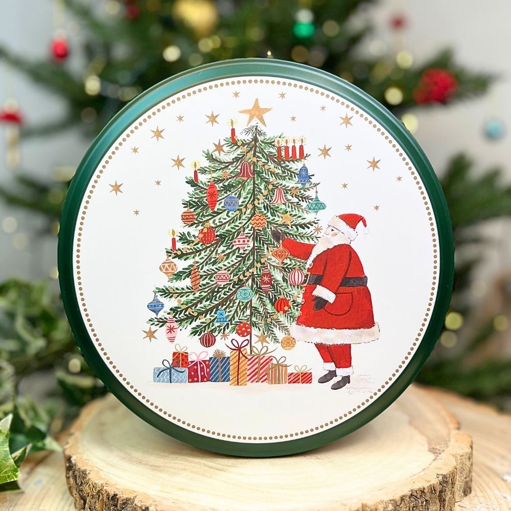 Christmas Tree Cake Tin | Round Metal Festive Cookie Storage Tin 24 x 12cm Tin - Tophatter Daily Deals