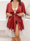 Plus Size Lace Patchwork Tie Front Robe Brick Red Sleep Dresses - Tophatter Daily Deals