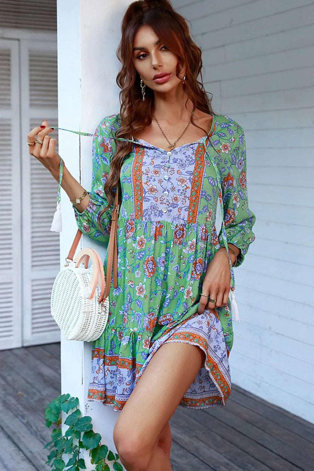 Floral Tied Balloon Sleeve Mini Dress Mid Green Casual Dresses - Tophatter Daily Deals