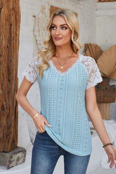 Eyelet V-Neck Lace Short Sleeve T-Shirt Mint Blue Women's T-Shirts - Tophatter Daily Deals