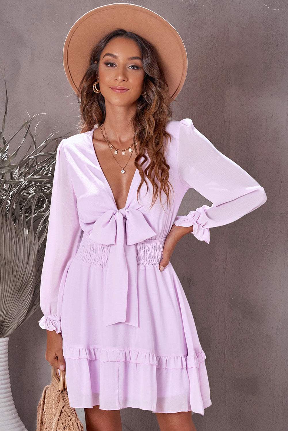 Tied Plunge Smocked Waist Flounce Sleeve Dress Pink Lavender Casual Dresses - Tophatter Daily Deals