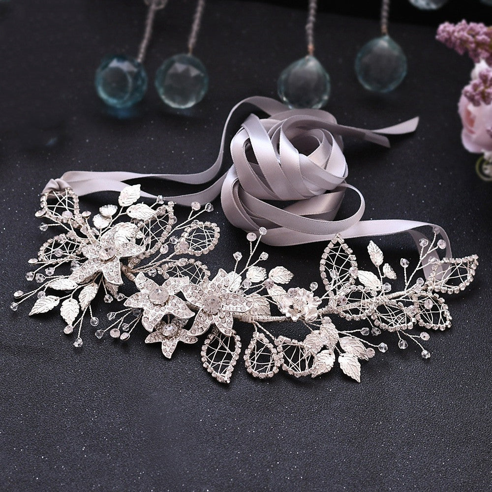 Bride Waist Seal Handmade Belt Rhinestone Wedding Dress Grey ribbon 0 - Tophatter Daily Deals