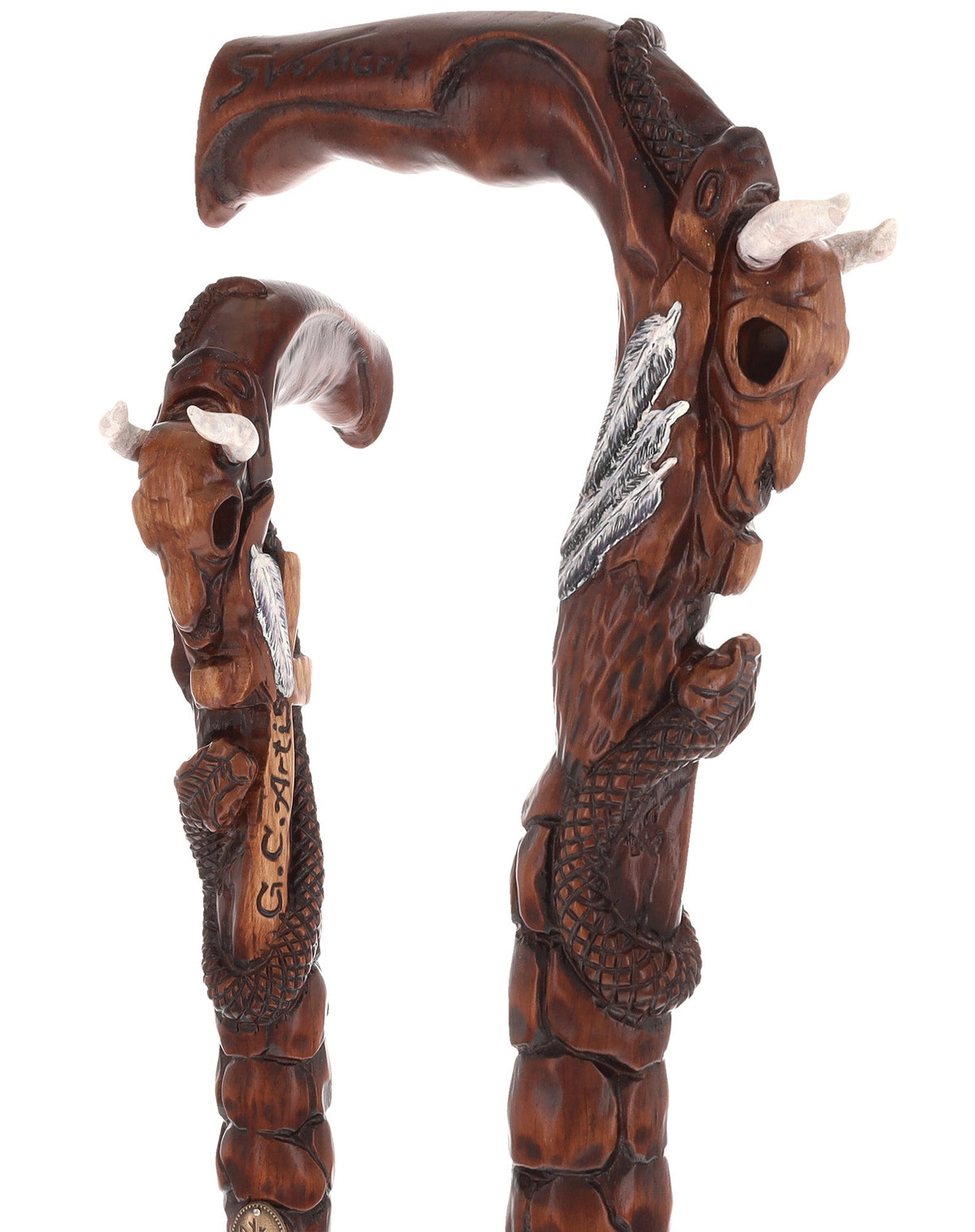 Buffalo Skull Snake: Artisan Intricate Handcarved Wood Cane Hand Carved Artisan - Tophatter Daily Deals
