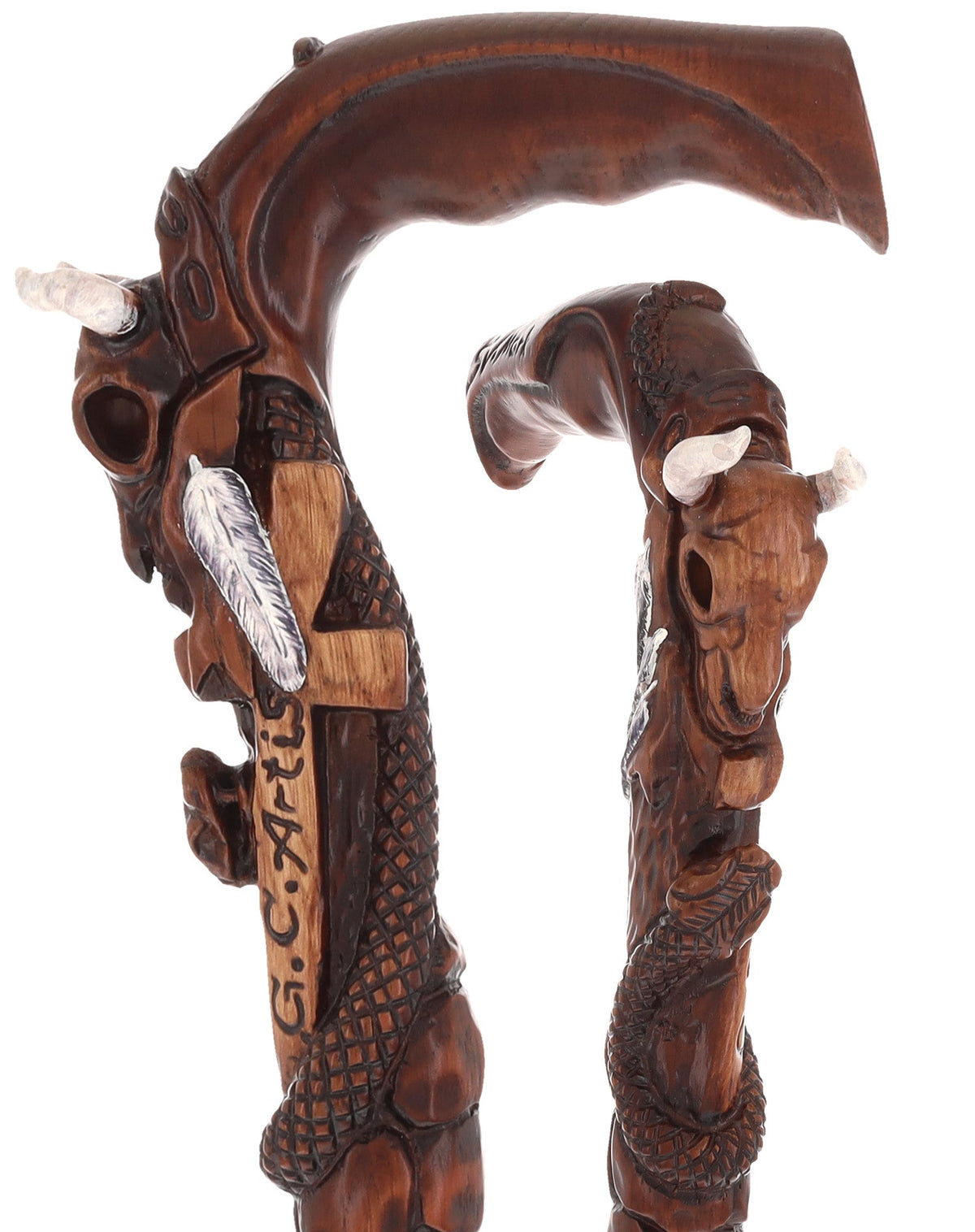 Buffalo Skull Snake: Artisan Intricate Handcarved Wood Cane Hand Carved Artisan - Tophatter Daily Deals