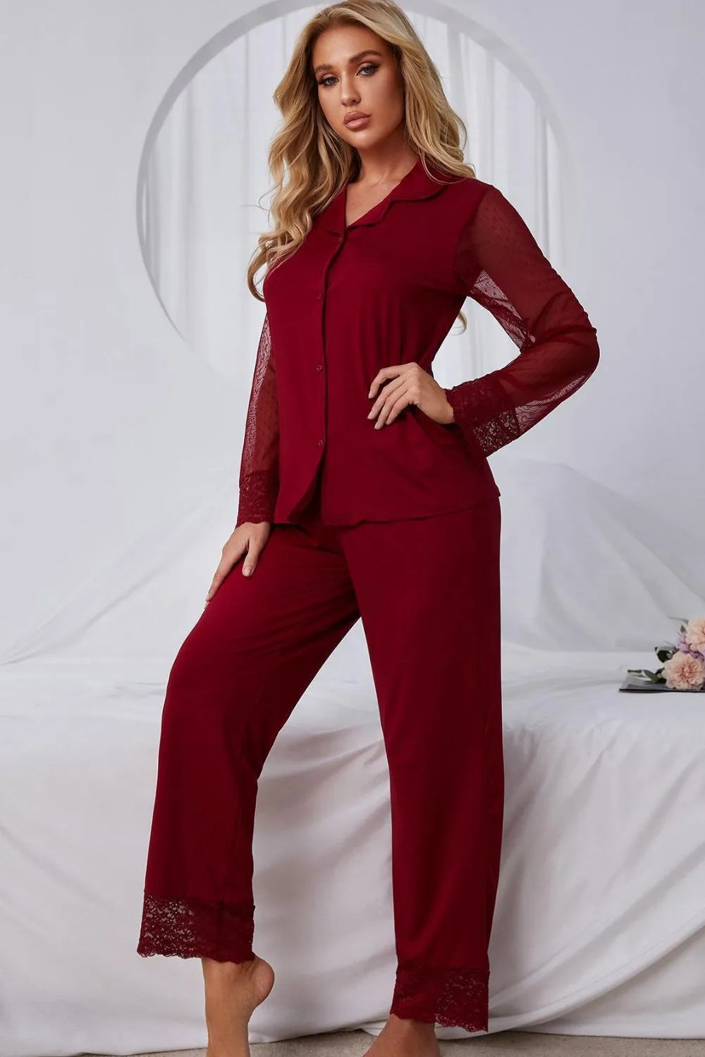 Spliced Lace Lapel Collar Pajama Set Loungewear Sets - Tophatter Daily Deals