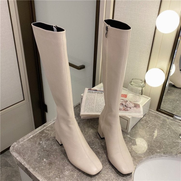 But Women's Knee Side Zipper Square Toe Boots White 0 - Tophatter Daily Deals