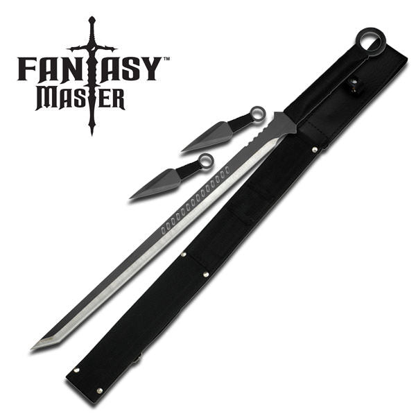 Black Ninja Sword With Set Of 2 Kunai Throwing Knives Combo Set With Back Belt Sheath Collectible Weapons - Tophatter Daily Deals