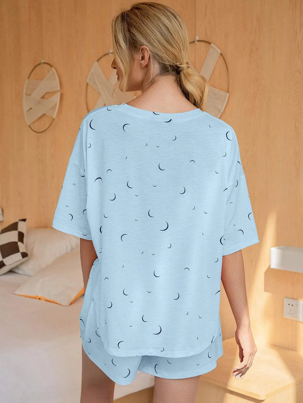 Moon Print T-Shirt and Shorts Lounge Set Loungewear Sets - Tophatter Daily Deals