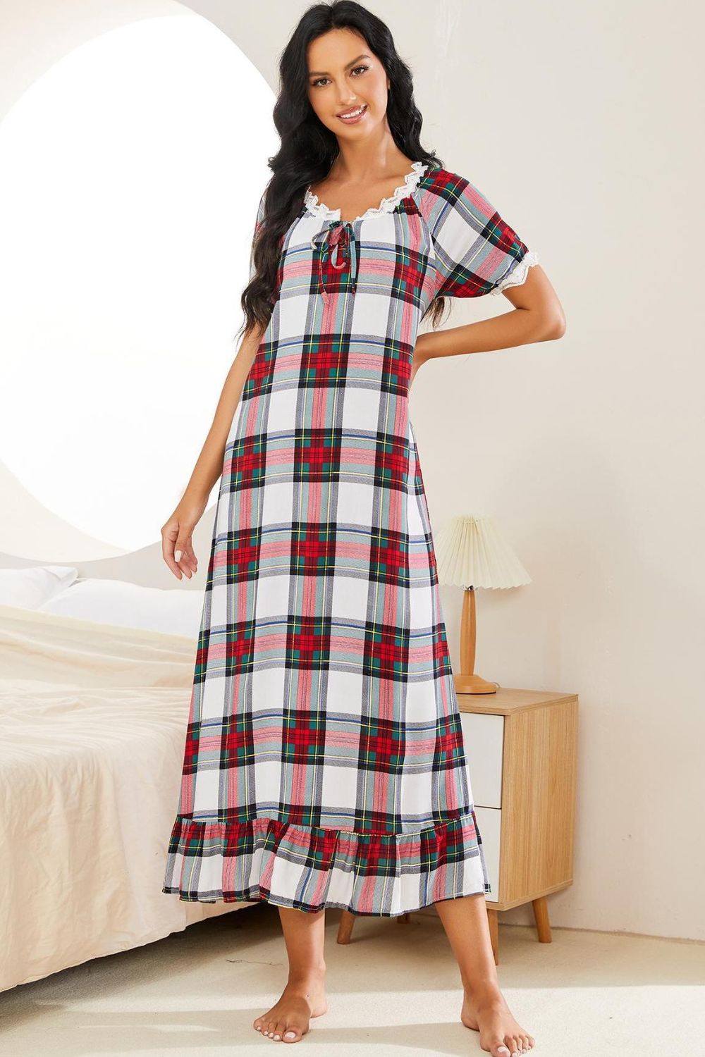 Plaid Lace Trim Ruffle Hem Night Dress - Tophatter Deals and Online Shopping - Electronics, Jewelry, Beauty, Health, Gadgets, Fashion - Tophatter's Discounts & Offers - tophatters - tophatters.co