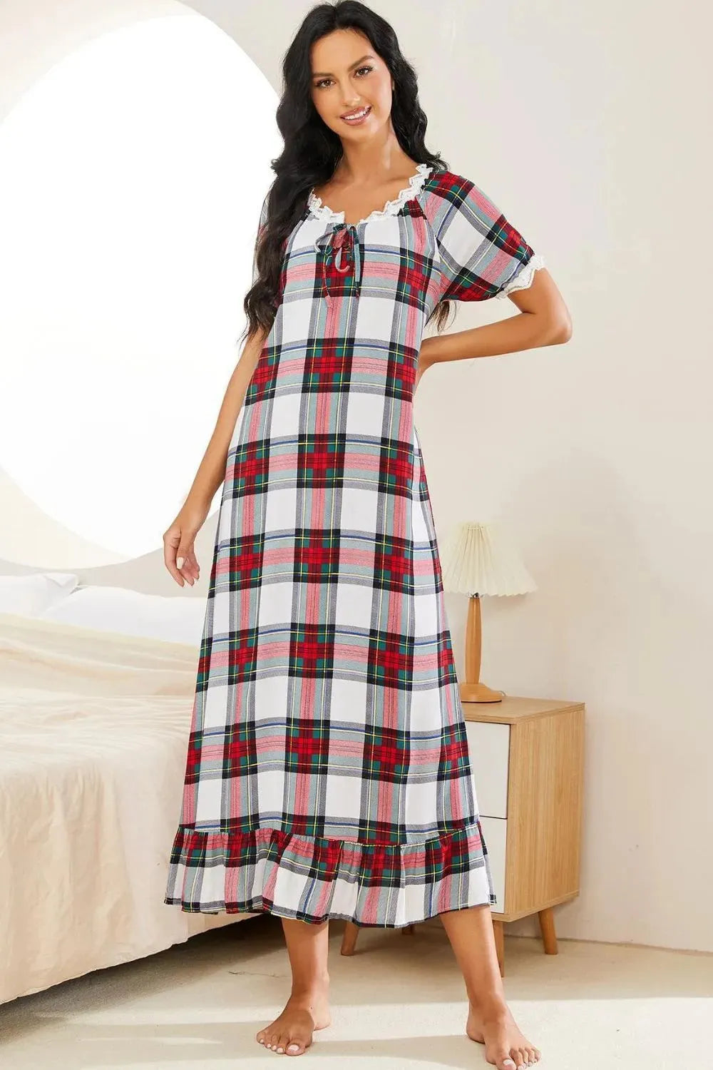 Plaid Lace Trim Ruffle Hem Night Dress Plaid Sleep Dresses - Tophatter Daily Deals