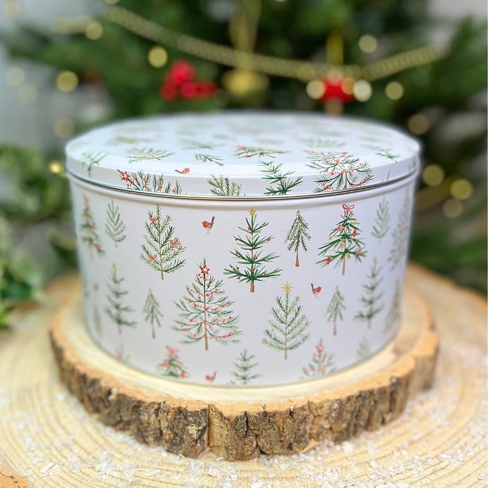 Christmas Trees Cake Tin | Round Metal Storage Tin for Seasonal Bakes 24 x 12cm Tin - Tophatter Daily Deals