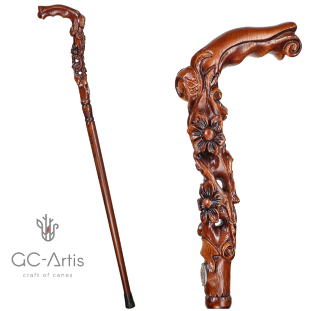Master-Carved Rose Walking Cane | Elegant Floral Art Hand Carved Artisan - Tophatter Daily Deals