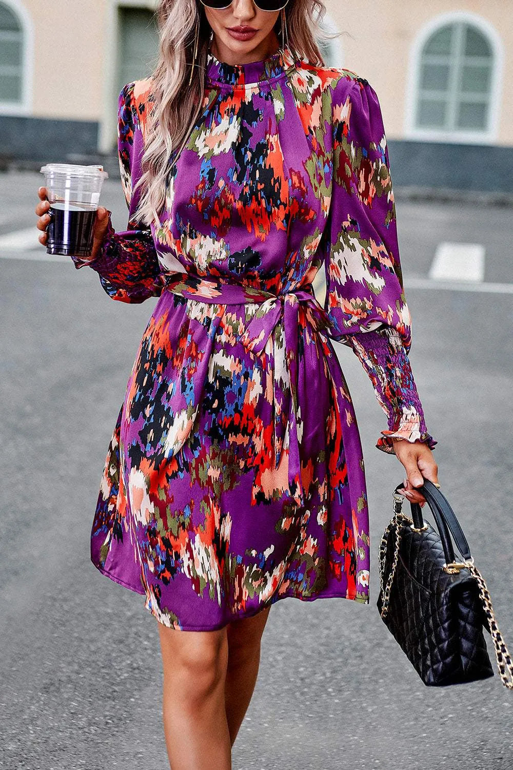 Printed Tie Waist Mock Neck Lantern Sleeve Dress Purple Casual Dresses - Tophatter Daily Deals