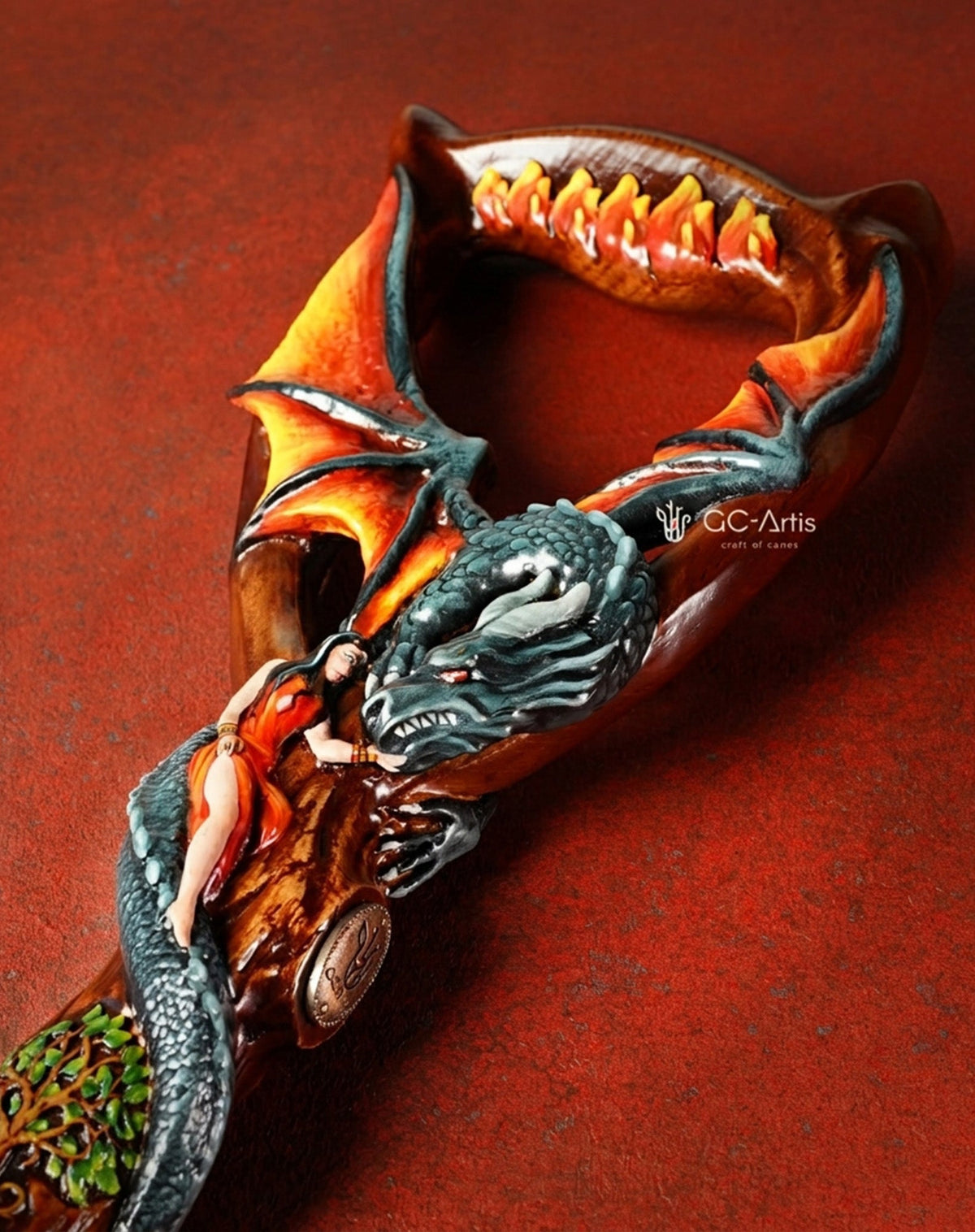 Guardian Dragon Black Hand-Painted Dark Wood: Artisan Intricate Hand-Carved Cane Hand Carved Artisan - Tophatter Daily Deals