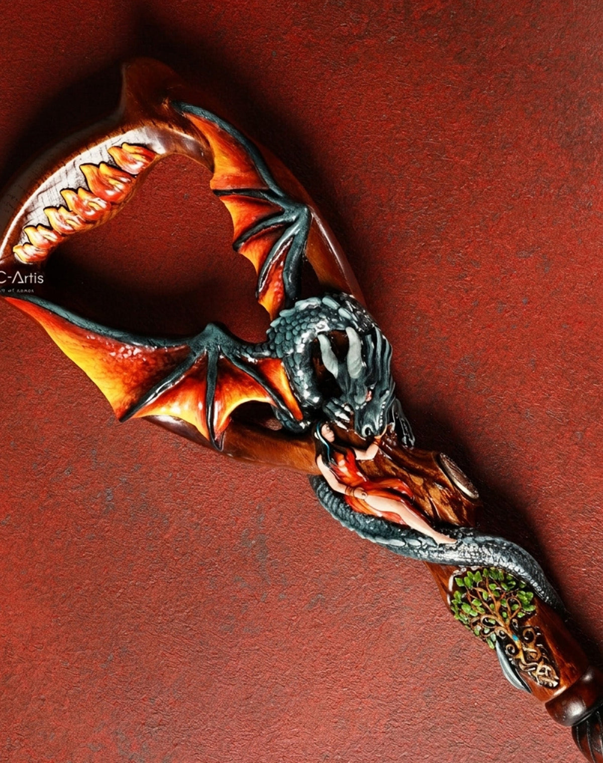 Guardian Dragon Black Hand-Painted Dark Wood: Artisan Intricate Hand-Carved Cane Hand Carved Artisan - Tophatter Daily Deals