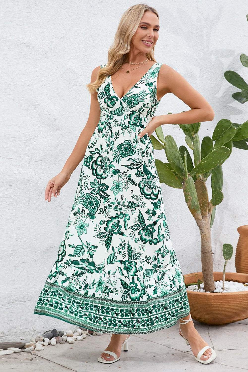 Printed V-Neck Wide Strap Dress Casual Dresses - Tophatter Daily Deals