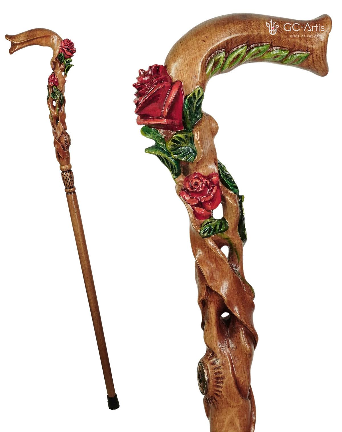 Master-Carved Rose Handpainted Light Wood Walking Cane | Elegant Floral Art Hand Carved Artisan - Tophatter Daily Deals