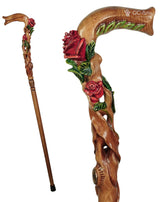 Master-Carved Rose Handpainted Light Wood Walking Cane | Elegant Floral Art Hand Carved Artisan - Tophatter Daily Deals