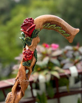 Master-Carved Rose Handpainted Light Wood Walking Cane | Elegant Floral Art Hand Carved Artisan - Tophatter Daily Deals