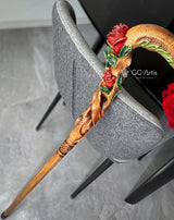 Master-Carved Rose Handpainted Light Wood Walking Cane | Elegant Floral Art Hand Carved Artisan - Tophatter Daily Deals