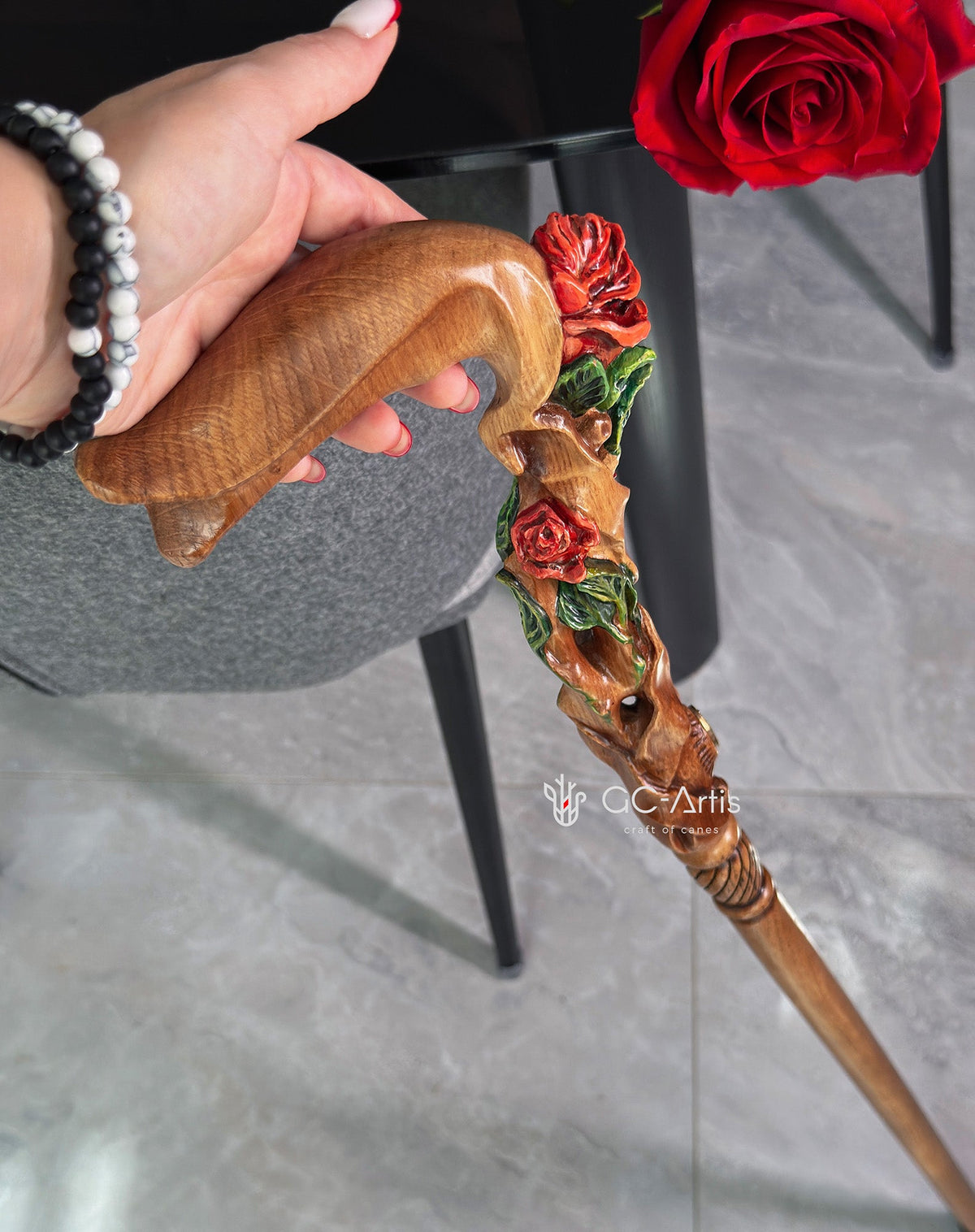 Master-Carved Rose Handpainted Light Wood Walking Cane | Elegant Floral Art Hand Carved Artisan - Tophatter Daily Deals