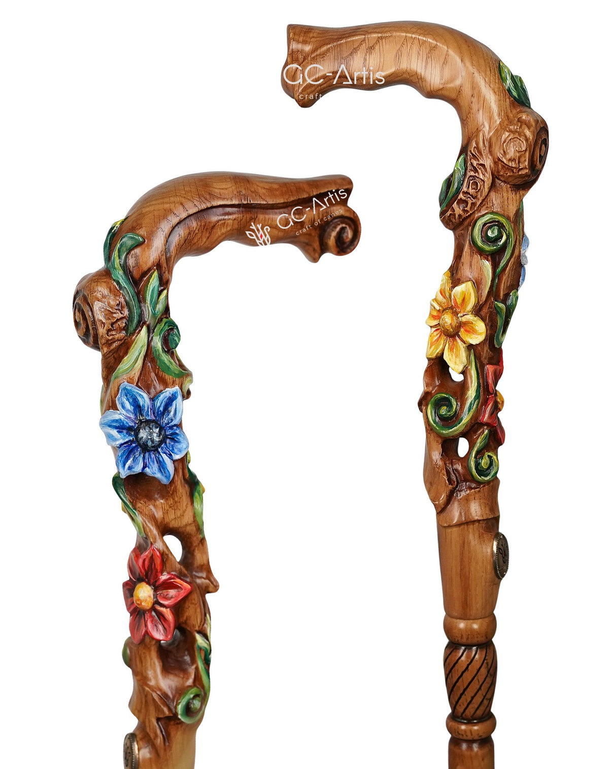 Master-Carved Flowered Walking Cane in Ligt Wood | Elegant Floral Art Hand Carved Artisan - Tophatter Daily Deals