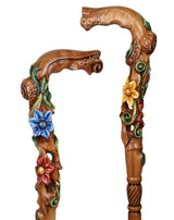 Master-Carved Flowered Walking Cane in Ligt Wood | Elegant Floral Art Hand Carved Artisan - Tophatter Daily Deals