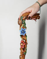 Master-Carved Flowered Walking Cane in Ligt Wood | Elegant Floral Art Hand Carved Artisan - Tophatter Daily Deals