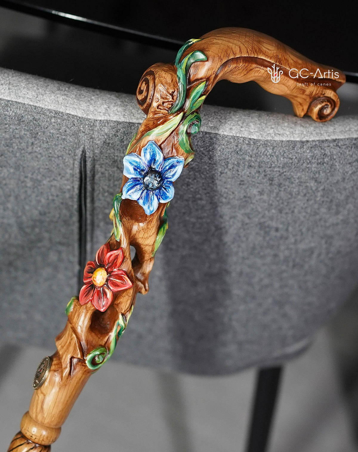 Master-Carved Flowered Walking Cane in Ligt Wood | Elegant Floral Art Hand Carved Artisan - Tophatter Daily Deals