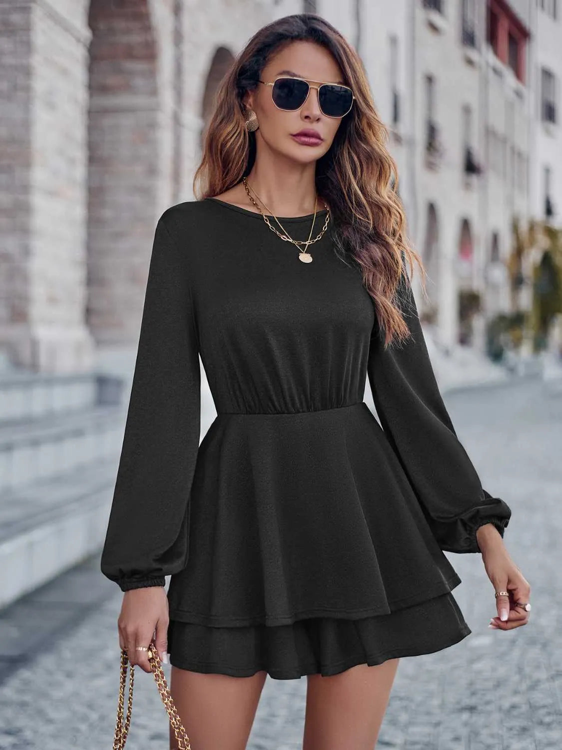 Round Neck Layered Mini Dress Black Casual Dresses - Tophatter Daily Deals