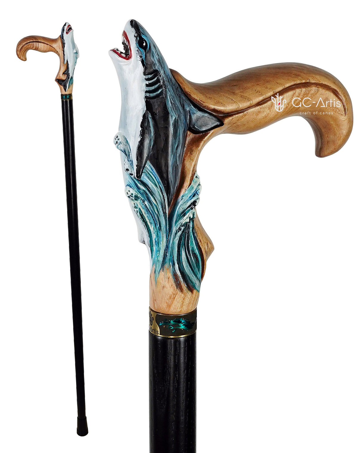 Masterpiece Hand-Carved Shark Painted Walking Cane Hand Carved Artisan - Tophatter Daily Deals