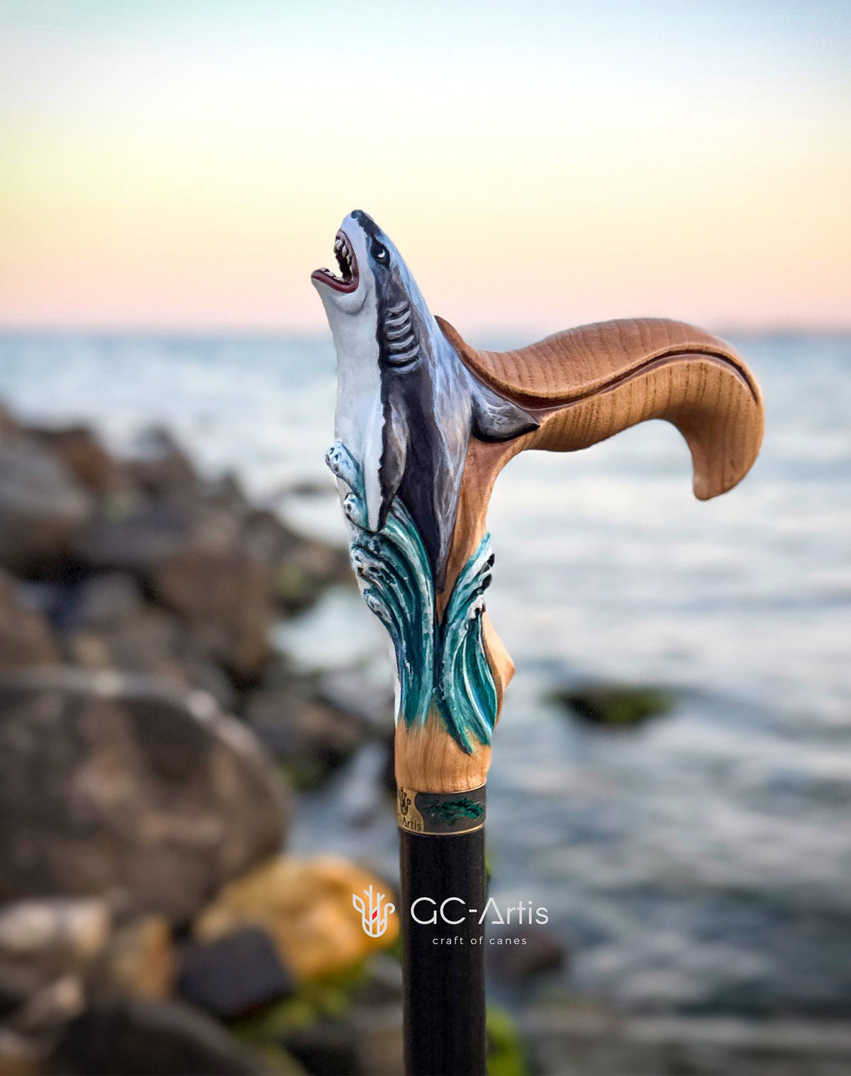 Masterpiece Hand-Carved Shark Painted Walking Cane Hand Carved Artisan - Tophatter Daily Deals