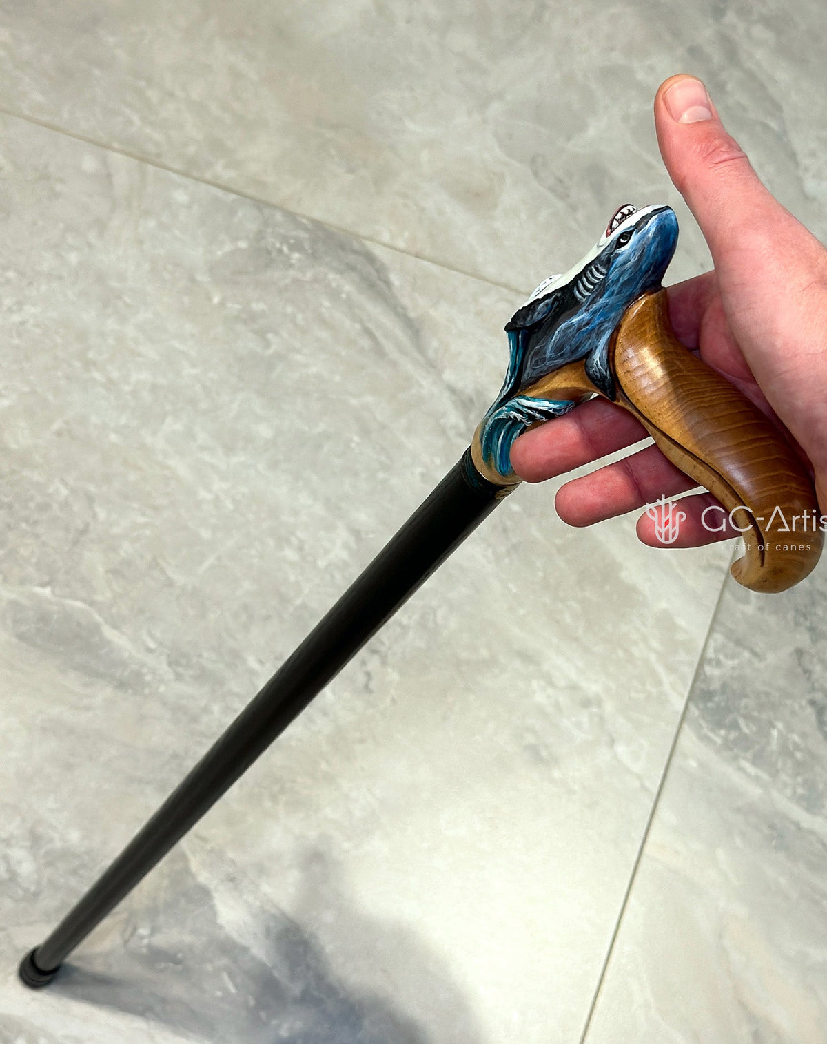 Masterpiece Hand-Carved Shark Painted Walking Cane Hand Carved Artisan - Tophatter Daily Deals
