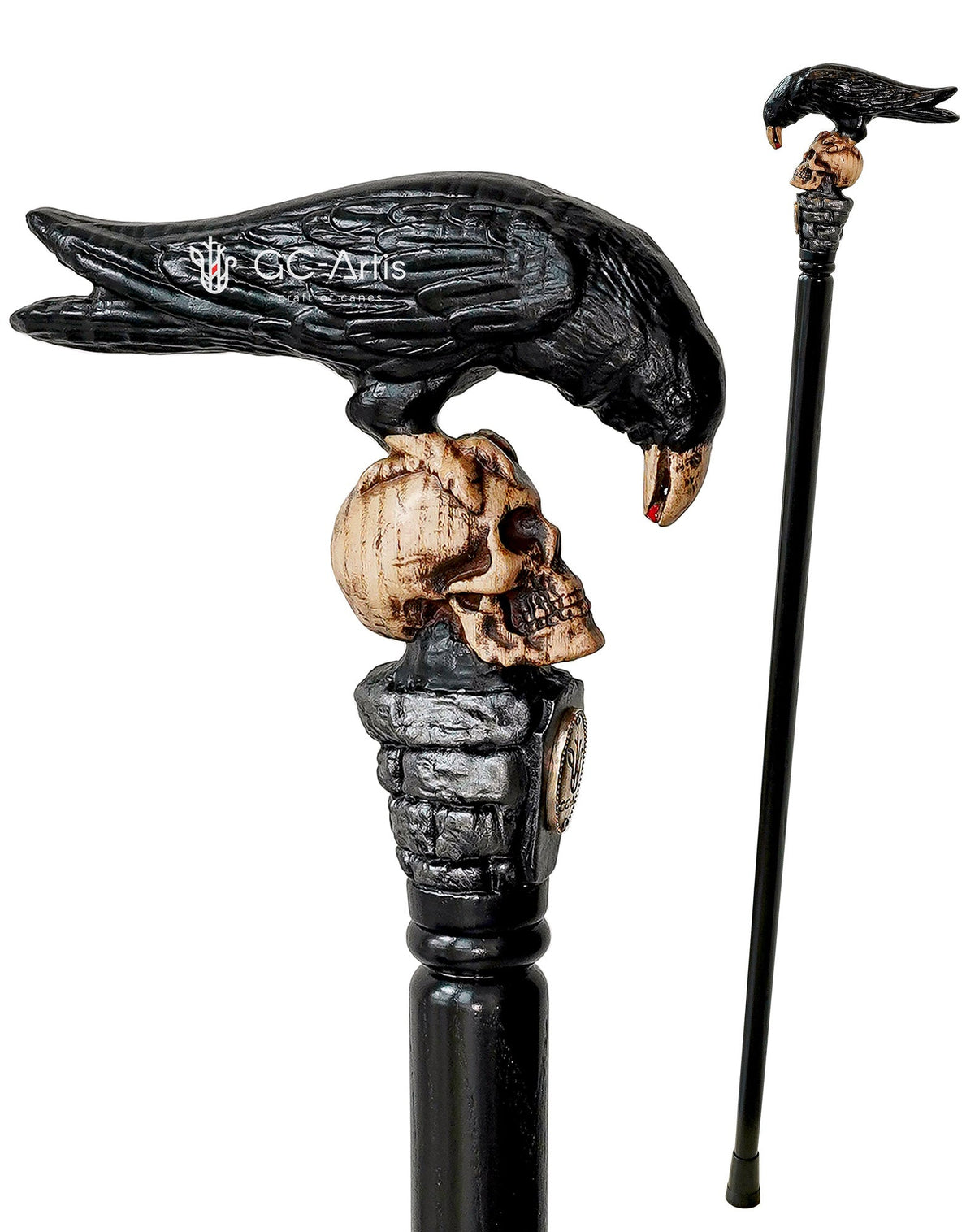 Intricate Handcarved Black Crow & Skull Artisan Cane Black Edition - Unique Hand Carved Artisan - Tophatter Daily Deals