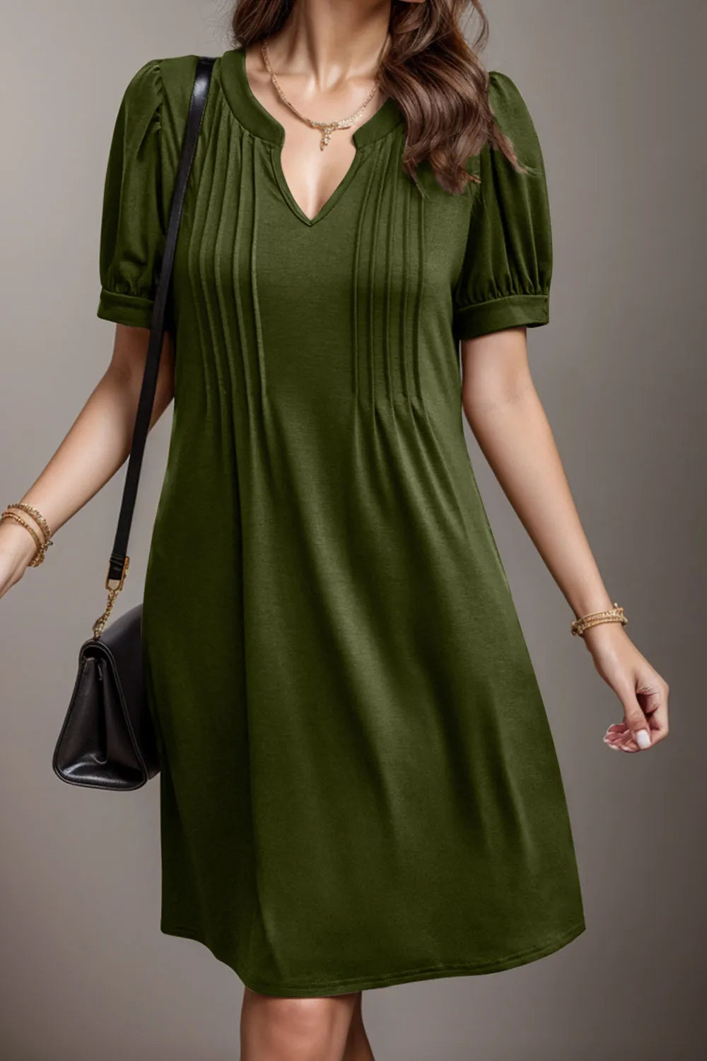 Pin-Tuck Notched Short Sleeve Dress Casual Dresses - Tophatter Daily Deals