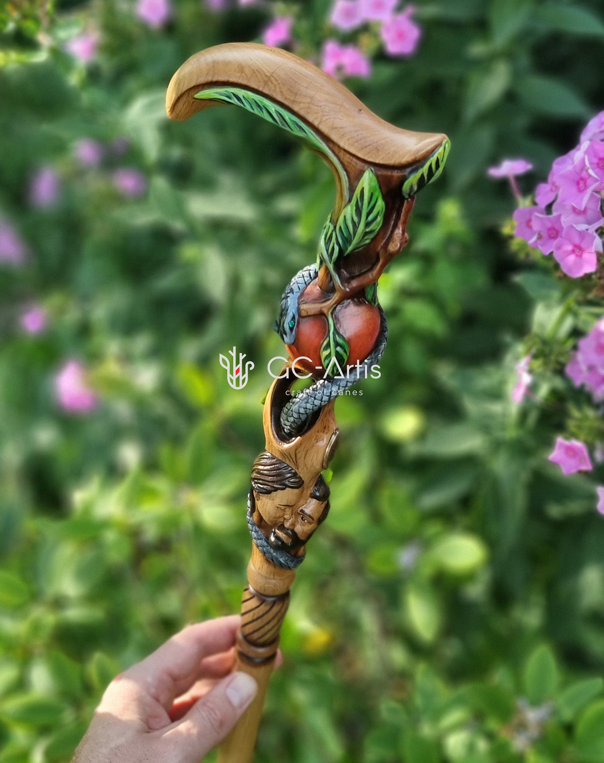 Adam & Eve Carved Light Wood Cane: Unique Wood Handcarved Artisan Detail Hand Carved Artisan - Tophatter Daily Deals