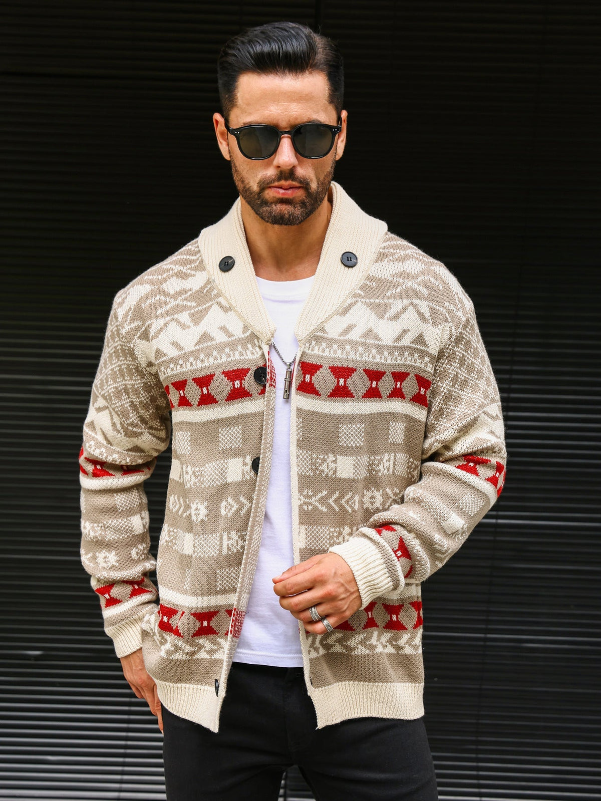 Warm Textured Men's Sweater Coat - Shawl Collar, Thick Knit 3D Changing Face Moving Picture Frame - Tophatter Daily Deals