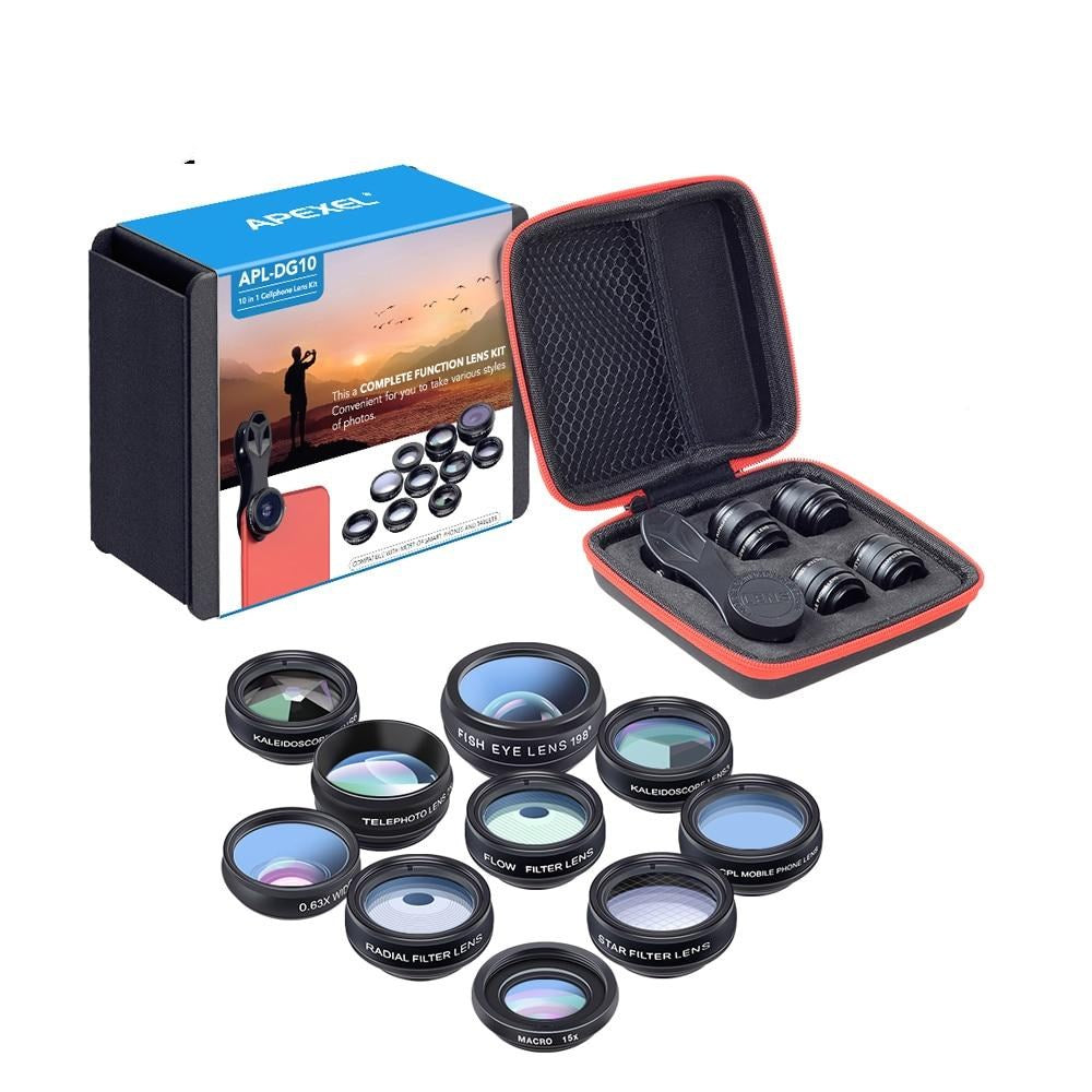 APEXEL Phone lens kit universal 10 in 1 Fisheye Wide Angle macro Lens CPL Filter Kaleidoscope+2X telescope Lens for smartphone 0 - Tophatter Daily Deals