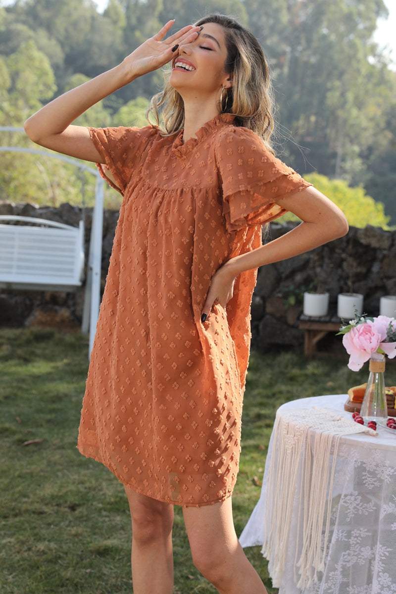 Swiss Dot Round Neck Flutter Sleeve Dress Casual Dresses - Tophatter Daily Deals