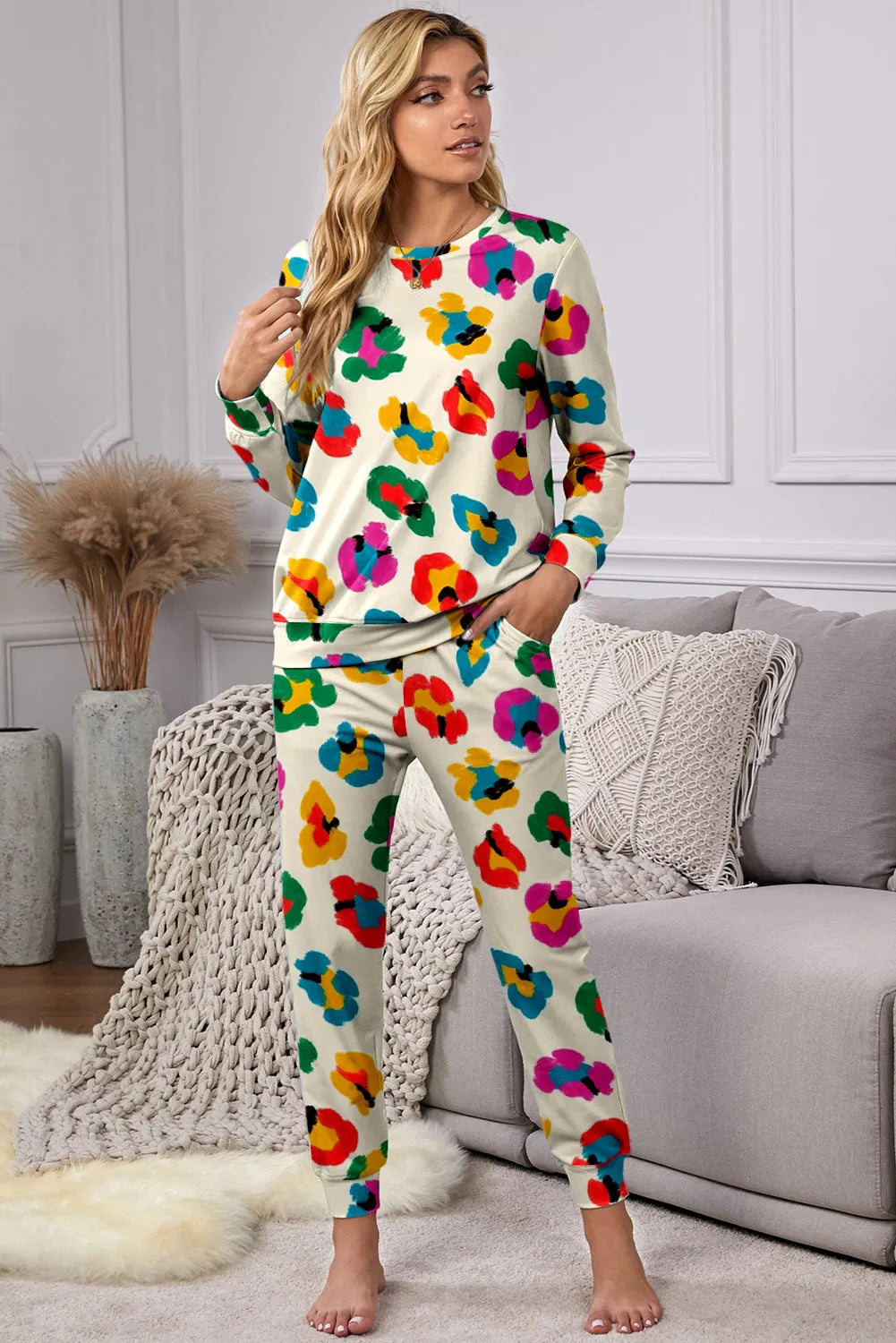 Apricot Leopard Print Long Sleeve Top and Skinny Pants Lounge Set Loungewear & Sleepwear/Loungewear - Tophatter Daily Deals