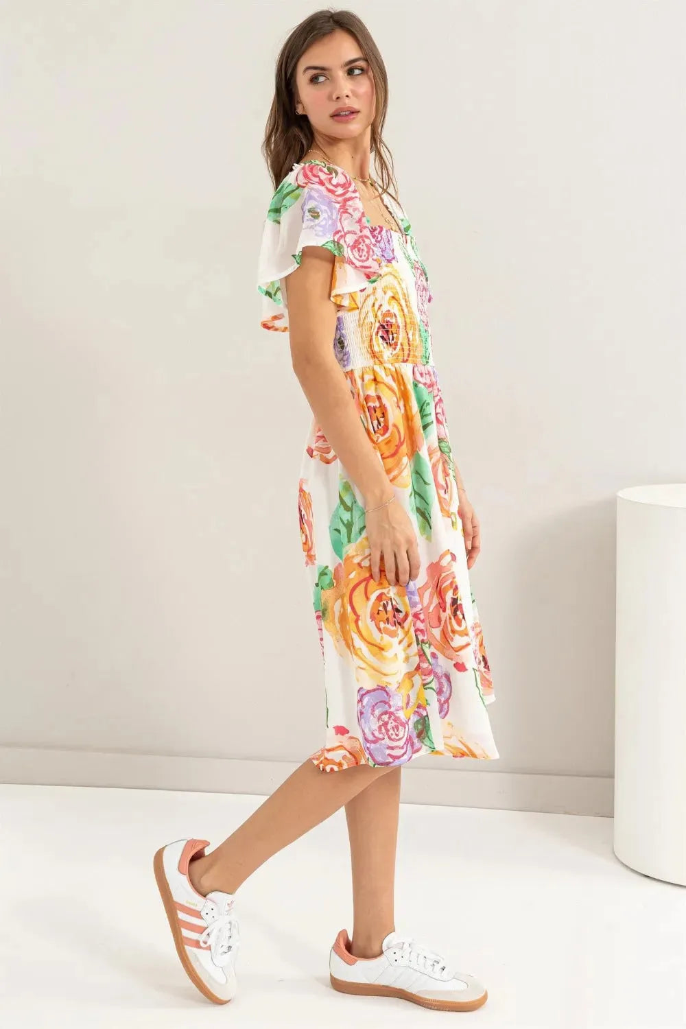 HYFVE Floral Flutter Sleeve Smocked Dress Casual Dresses - Tophatter Daily Deals