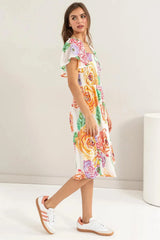 HYFVE Floral Flutter Sleeve Smocked Dress Casual Dresses - Tophatter Daily Deals