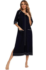 Zip Up Slit Round Neck Night Dress with Pockets Sleep Dresses - Tophatter Daily Deals